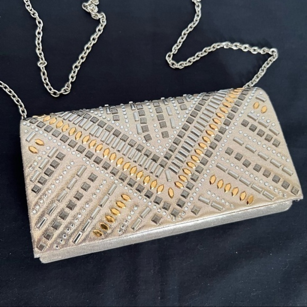 Blush Evening Clutch Crossbody Blush Rose Gold with Geometric Beaded Design Top